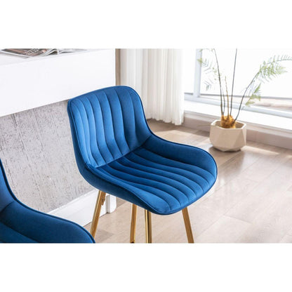 26 Inch Set of 2 Bar Stools, with Steel Frame Footrest Velvet Fabric Golden Leg Simple Bar Stool, BLUE