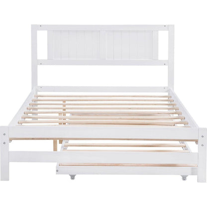 Full Size Platform Bed with Adjustable Trundle, White