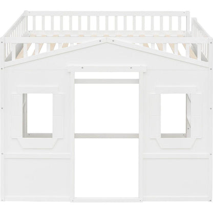 Full Size House Loft Bed With Ladder-White