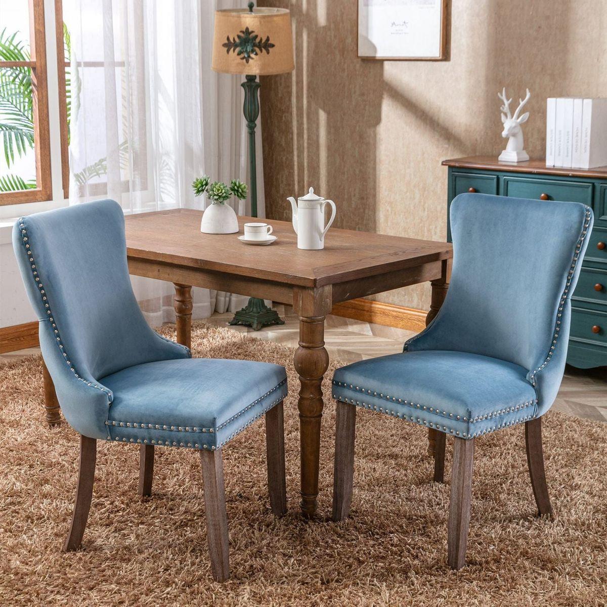 Upholstered Wing-Back Dining Chair with Backstitching Nailhead Trim and Solid Wood Legs, Set of 2, Light Blue, 8809LB, KD