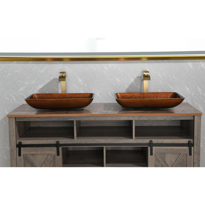 22.5" L -L -14.5" W -4 1/2 in. Handmade Glass Rectangle Vessel Bathroom Sink Set in Rich Chocolate Brown Finish with gold Faucet and gold Pop Up Drain