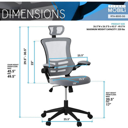 Modern High-Back Mesh Executive Office Chair with Headrest and Flip-Up Arms, Silver Grey