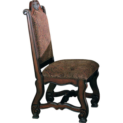 2pc Formal Traditional Dining Side Chair with Upholstered Padded Seat and Back Dining Room Solid Wood Furniture Luscious Brown Finish and Intricate Carved Detail