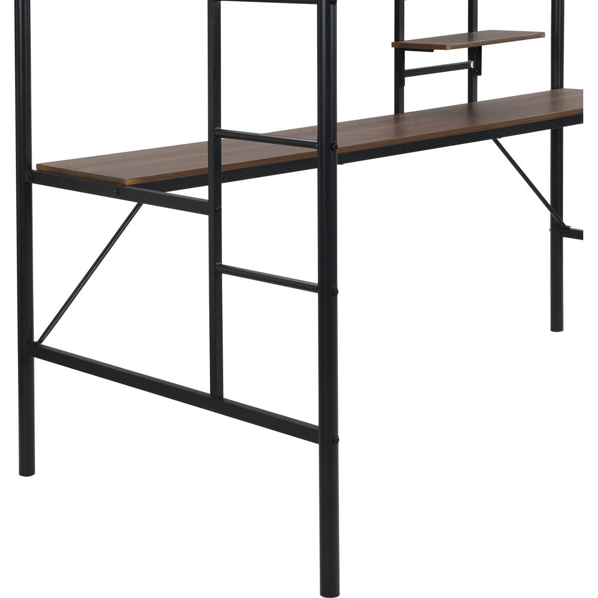 Metal twin loft bed with desk and storage shelves