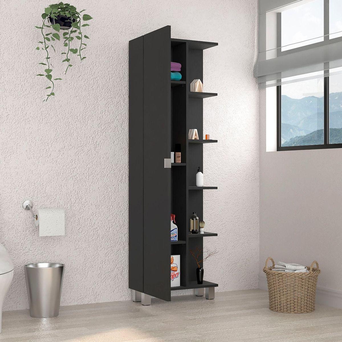 Urano Mirror Linen Cabinet, Four Interior Shelves, Five External Shelves -Black