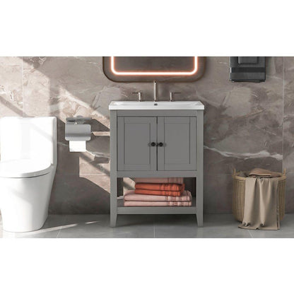 24" Grey Modern Sleek Bathroom Vanity Elegant Ceramic Sink with Solid Wood Frame Open Style Shelf