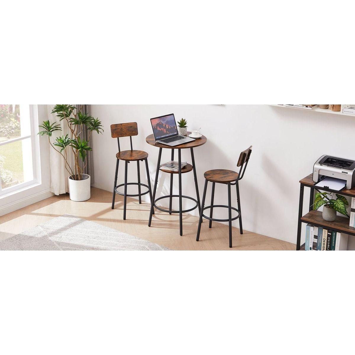 Round bar stool set with shelves, stool with backrest Rustic Brown, 23.6" Dia x 35.4" H - Streamdale Furniture