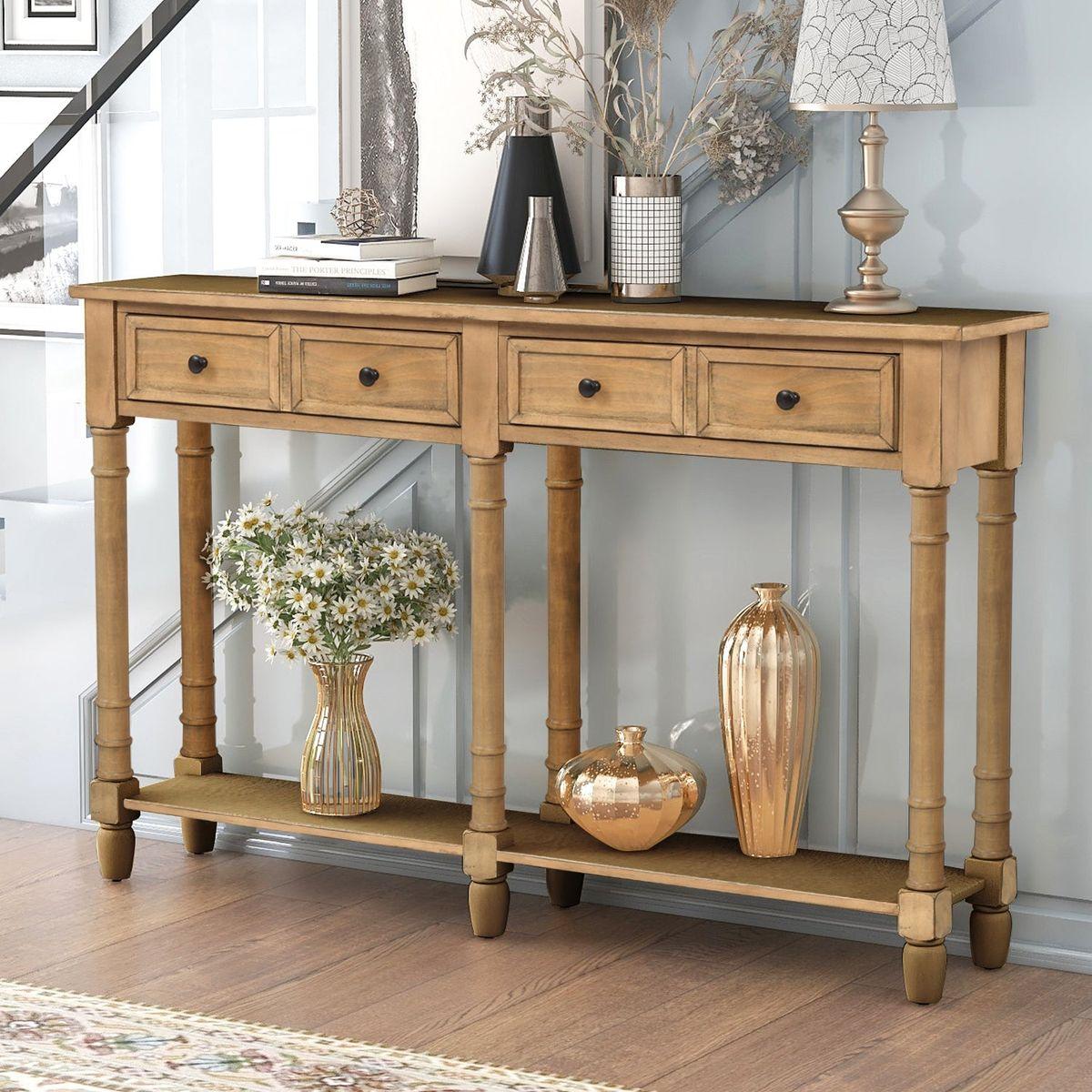 Console Table Sofa Table Easy Assembly with Two Storage Drawers and Bottom Shelf for Living Room, Entryway