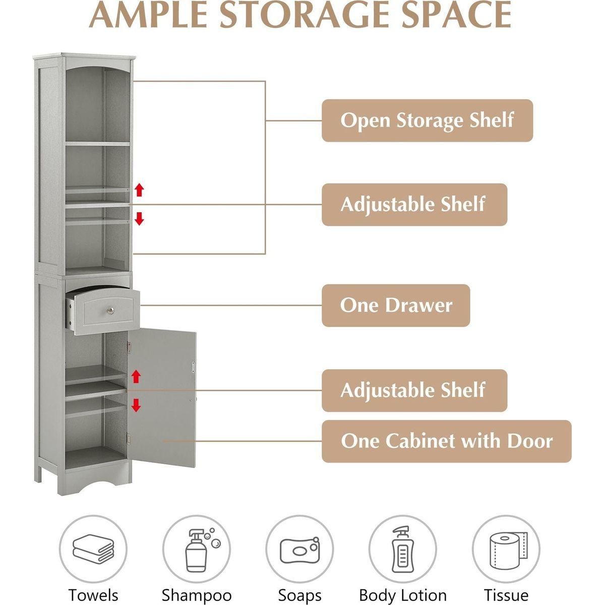 Tall Bathroom Cabinet, Freestanding Storage Cabinet with Drawer, MDF Board, Adjustable Shelf, Grey