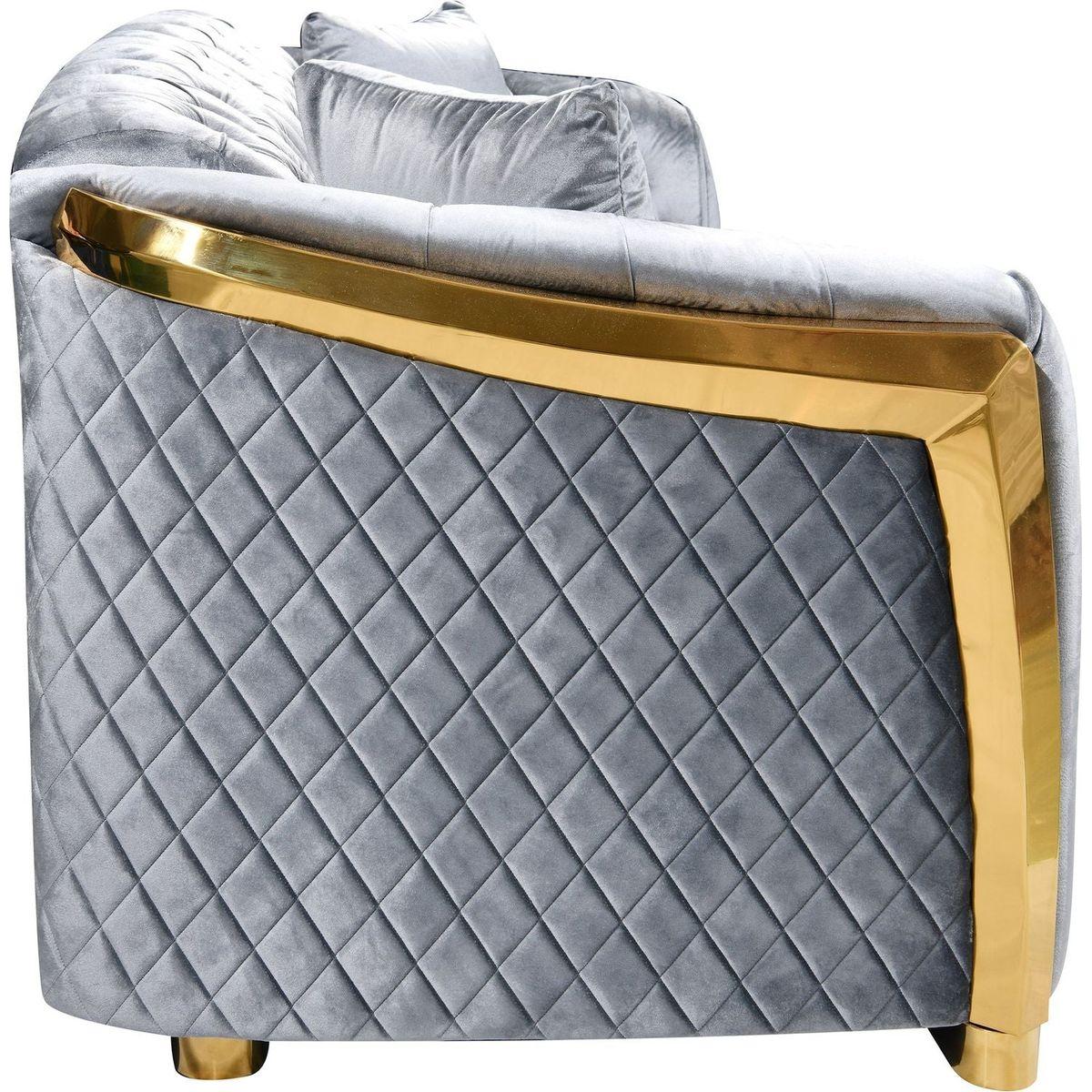 Velvet Luxury Chesterfield Sofa Set, 84 Inches Tufted 3 Seat Couch with Gold Stainless for Living Room, Grey Fabric