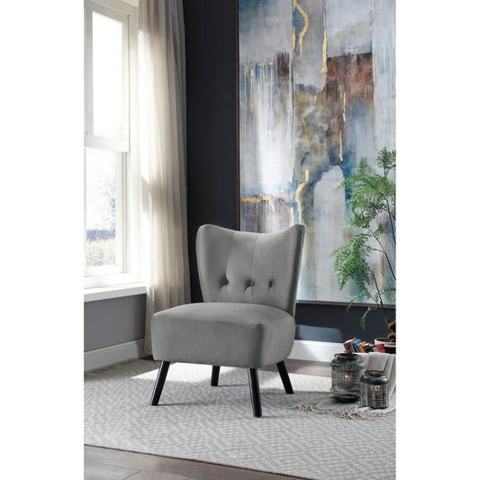 Unique Style Gray Velvet Covering Accent Chair Button-Tufted Back Brown Finish Wood Legs Modern Home Furniture