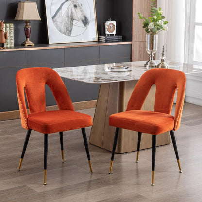 Akoya Collection Modern Contemporary Velvet Upholstered Dining Chair with Nailheads and Gold Tipped Black Metal Legs, Orangeet of 2