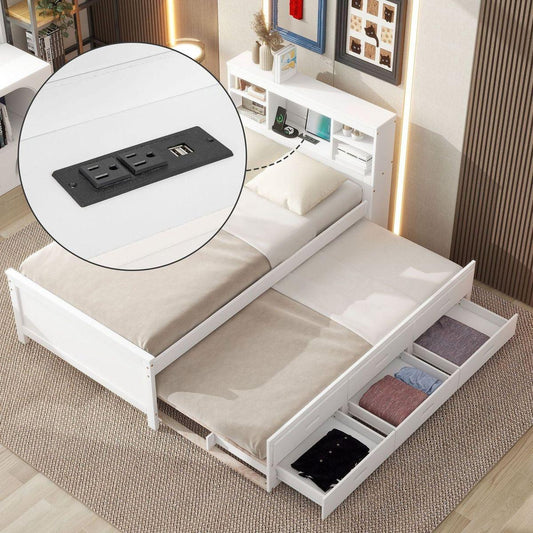 Twin Size Platform Bed with Storage Headboard, USB, Twin Size Trundle and 3 Drawers, White