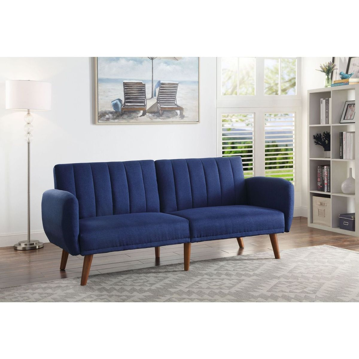 Bernstein Adjustable Sofa, Blue Linen & Walnut Finish