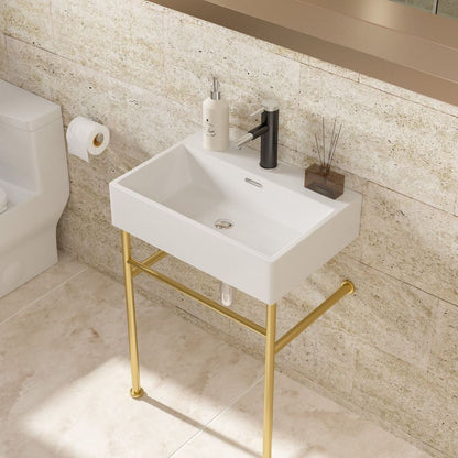 24" Bathroom Console Sink with Overflow, Ceramic Console Sink White Basin Gold Legs