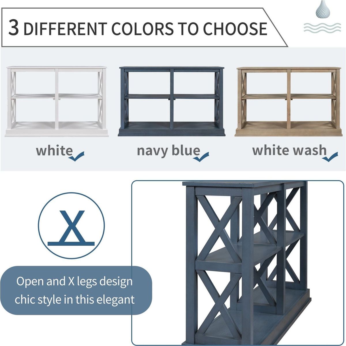 Console Table with 3-Tier Open Storage Spaces and " X"