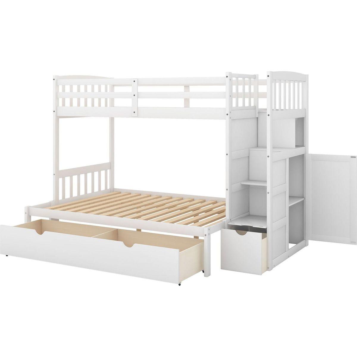 Twin over Full/Twin Bunk Bed, Convertible Bottom Bed, Storage Shelves and Drawers, White