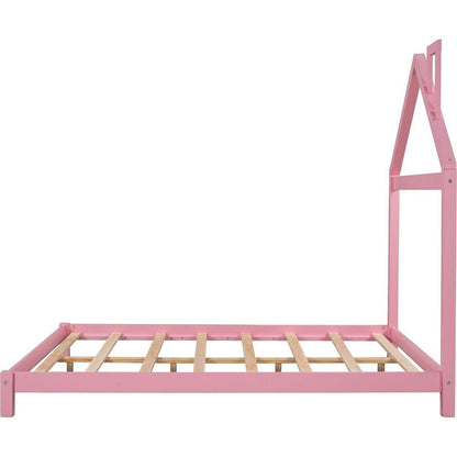 Full Size Wood Platform Bed with House-shaped Headboard (Pink)