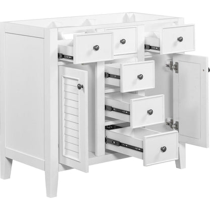 36" Bathroom Vanity without Sink, Cabinet Base Only, Two Cabinets and Five Drawers, Solid Wood Frame, White