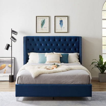 Queen bed, Button designed Headboard, strong wooden slats + metal legs with Electroplate