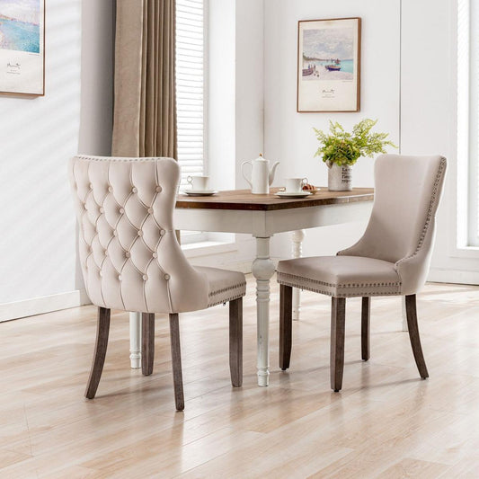 Upholstered Wing-Back Dining Chair with Backstitching Nailhead Trim and Solid Wood Legs, Set of 2, Beige, 8809BG, KD