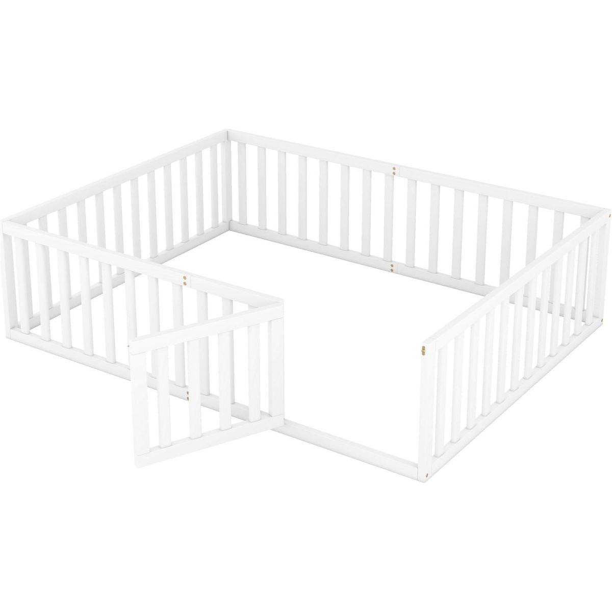 Queen Size Wood Floor Bed Frame with Fence and Door, White