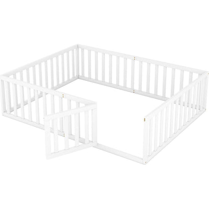 Queen Size Wood Floor Bed Frame with Fence and Door, White