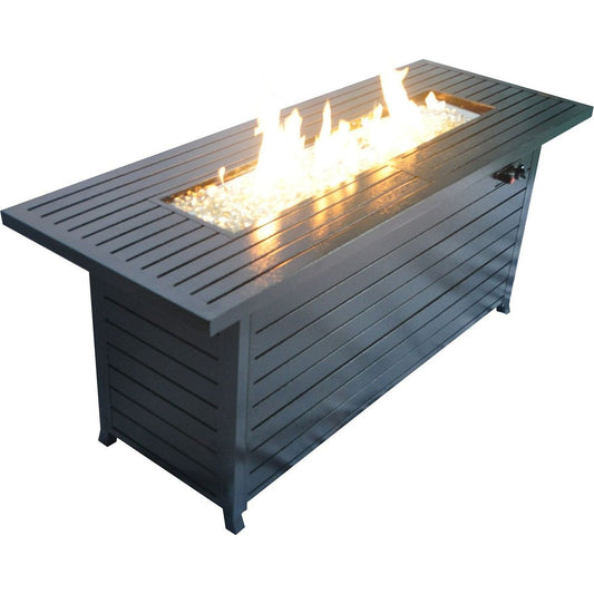 57in Outdoor Gas Propane Fire Pits Table, Aluminum, 50000BTU Firepit Fireplace Dining Table with Lid, Fire Glass, Retangular, ETL Certification, for Garden Backyard Deck Patio-hammered black