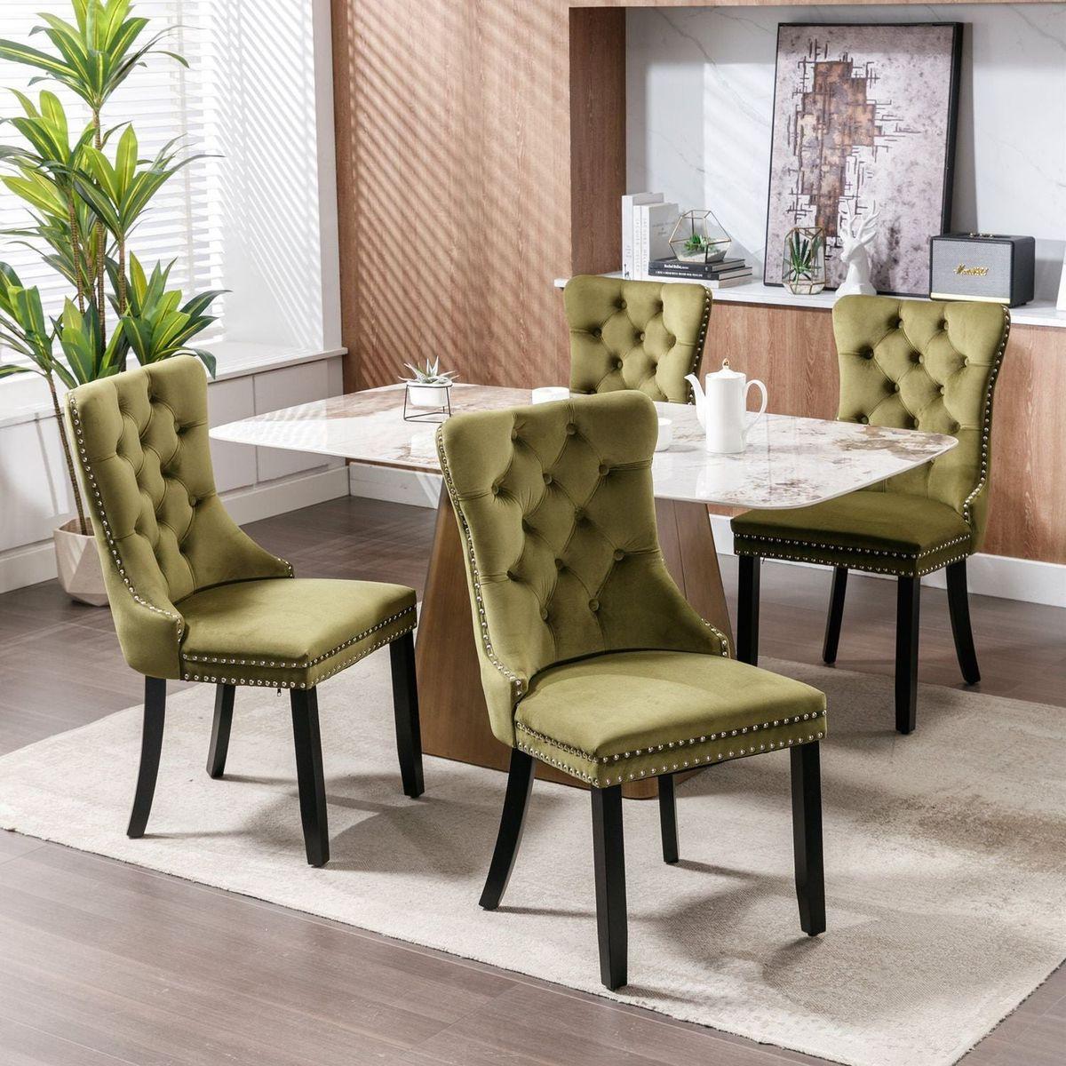 Nikki Collection Modern, High-end Tufted Solid Wood Contemporary Velvet Upholstered Dining Chair with Wood Legs Nailhead Trim 2-Pcs Setlive-Green