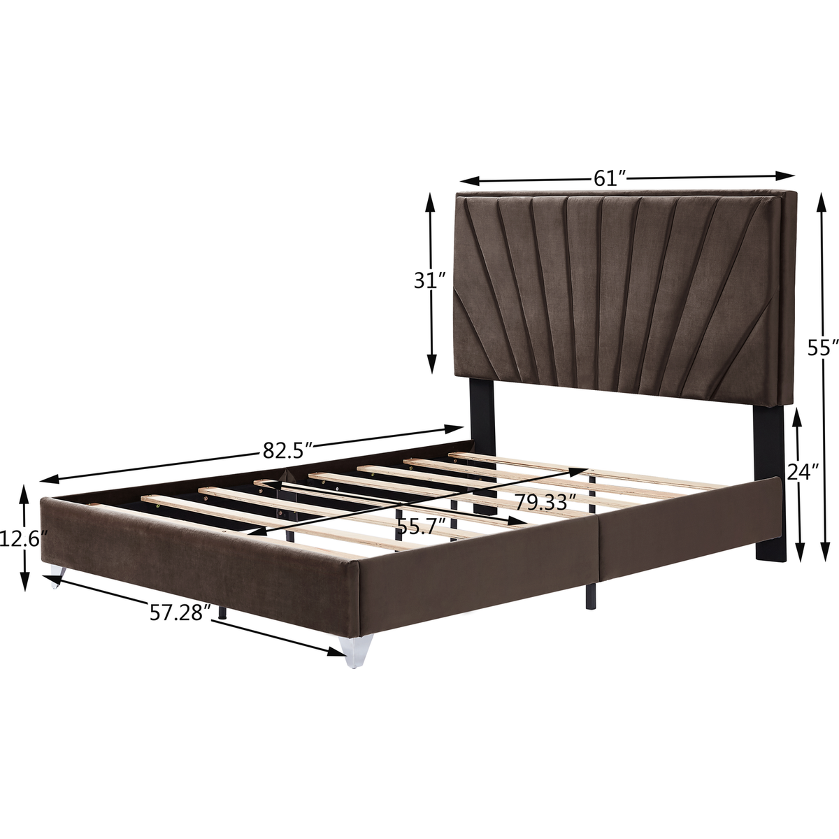 Full bed with two nightstands, Beautiful line stripe cushion headboard, strong wooden slats + metal legs with Electroplate