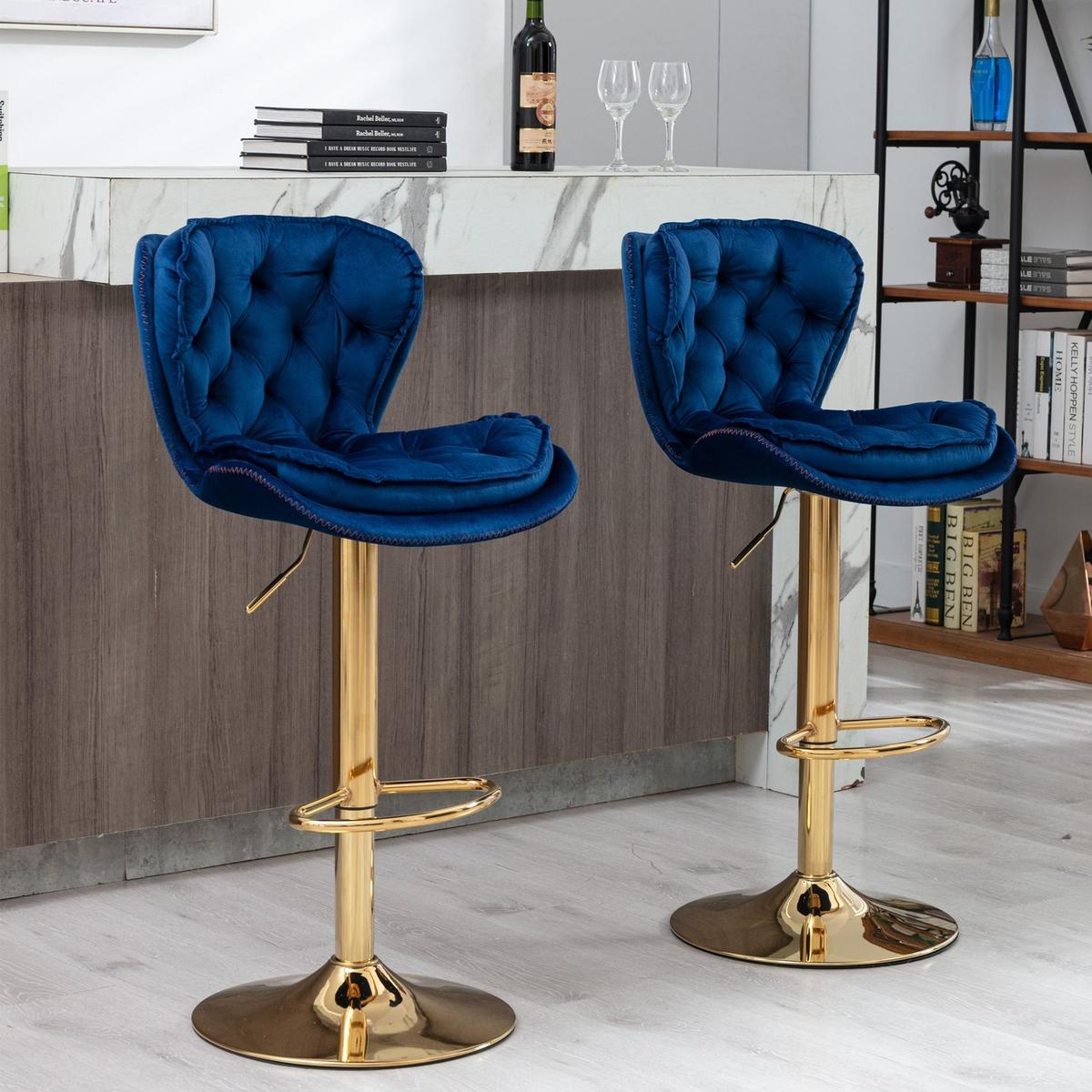 Set of 2 Bar Stools, with Chrome Footrest and Base Swivel Height Adjustable Mechanical Lifting Velvet + Golden Leg Simple Bar - Streamdale Furniture