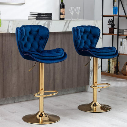 Set of 2 Bar Stools, with Chrome Footrest and Base Swivel Height Adjustable Mechanical Lifting Velvet + Golden Leg Simple Bar - Streamdale Furniture