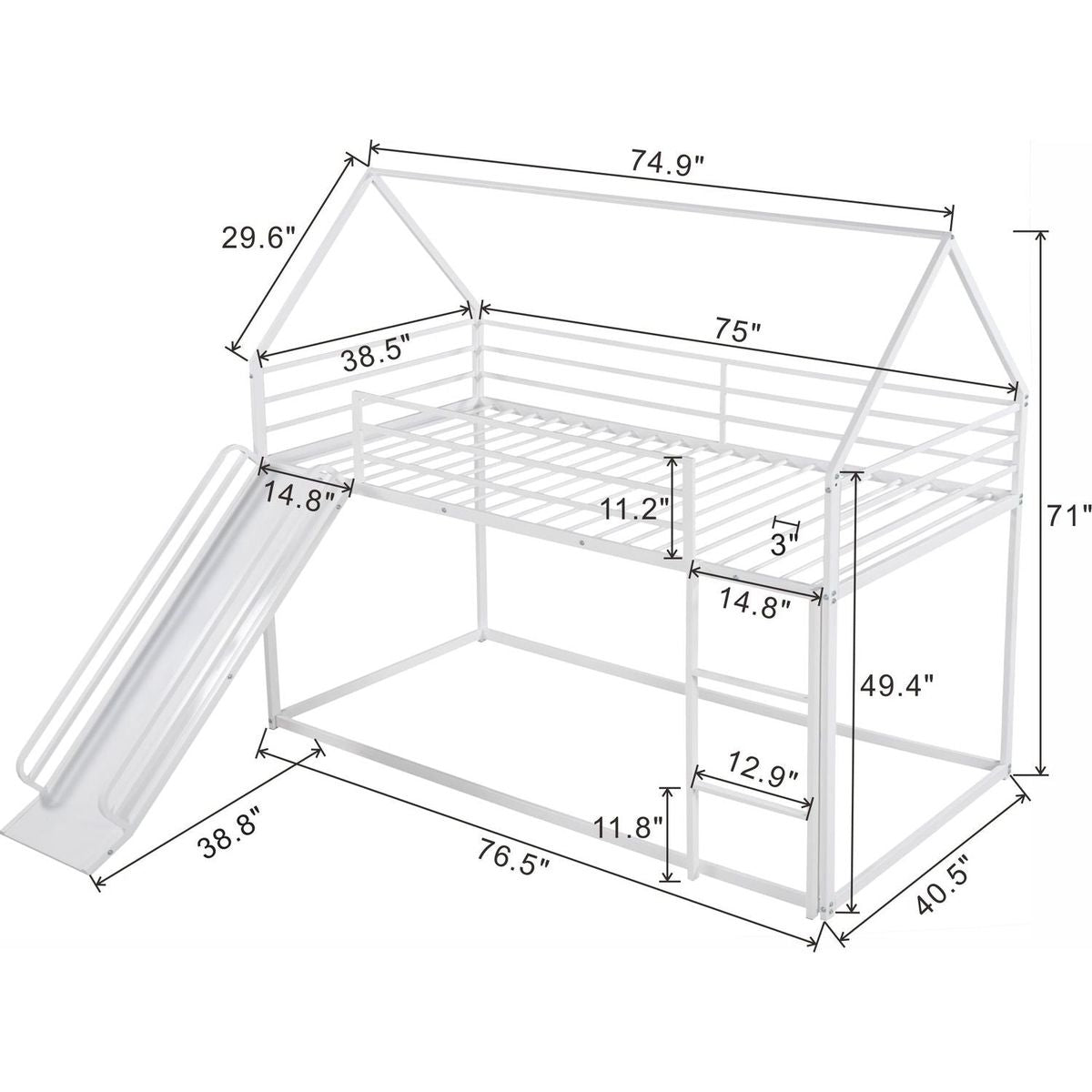 Twin over Twin House Bunk Bed with Ladder and Slide, White - Streamdale Furniture