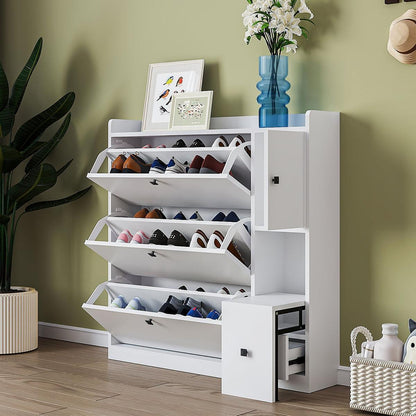 Versatile Shoe Cabinet with 3 Flip Drawers, Maximum Storage Entryway Organizer with Drawer, Free Standing Shoe Rack with Pull-down Seat for Hallway, White