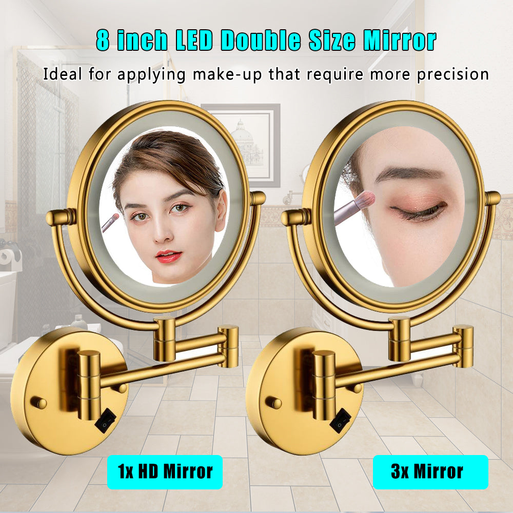 8 Inch LED Wall Mount Two-Sided Magnifying Makeup Vanity Mirror 12 Inch Extension Matte Black 1X/3X Magnification Plug 360 Degree Rotation Waterproof Button Shaving Mirror