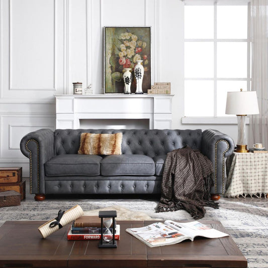 Classic Chesterfield Sofa Dark Grey Faux Leather
