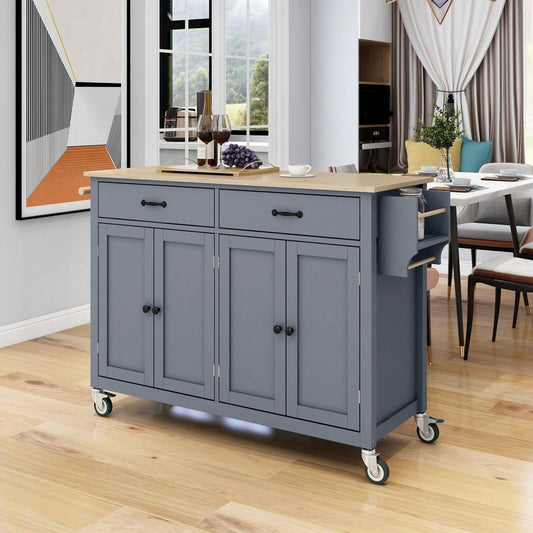 Kitchen Island Cart with Solid Wood Top and Locking Wheels4.3 Inch Width Door Cabinet and Two Drawerspice Rack, Towel Rack Grey Blue) - Streamdale Furniture