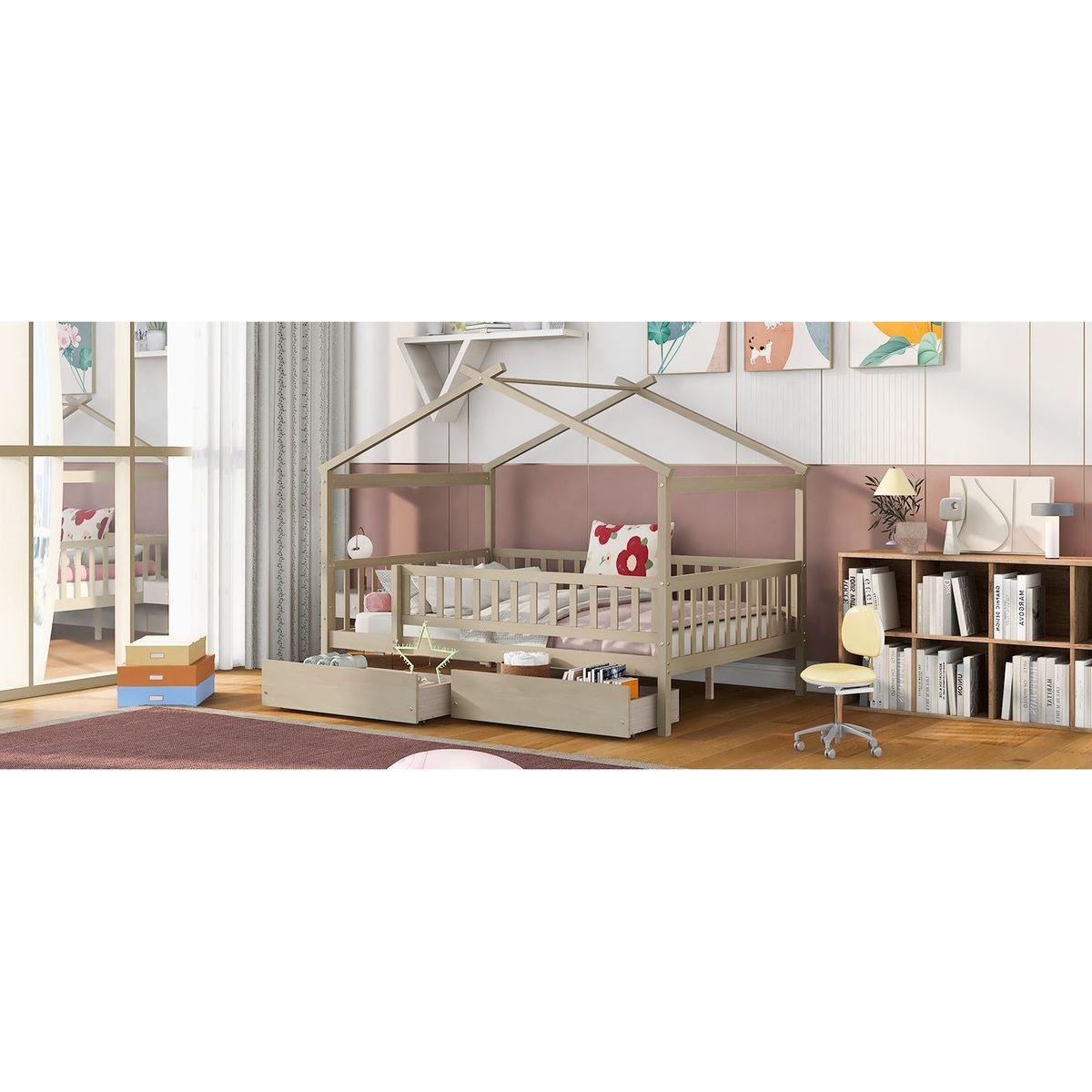 Full Size Wooden House Bed with Two Drawers, Natural