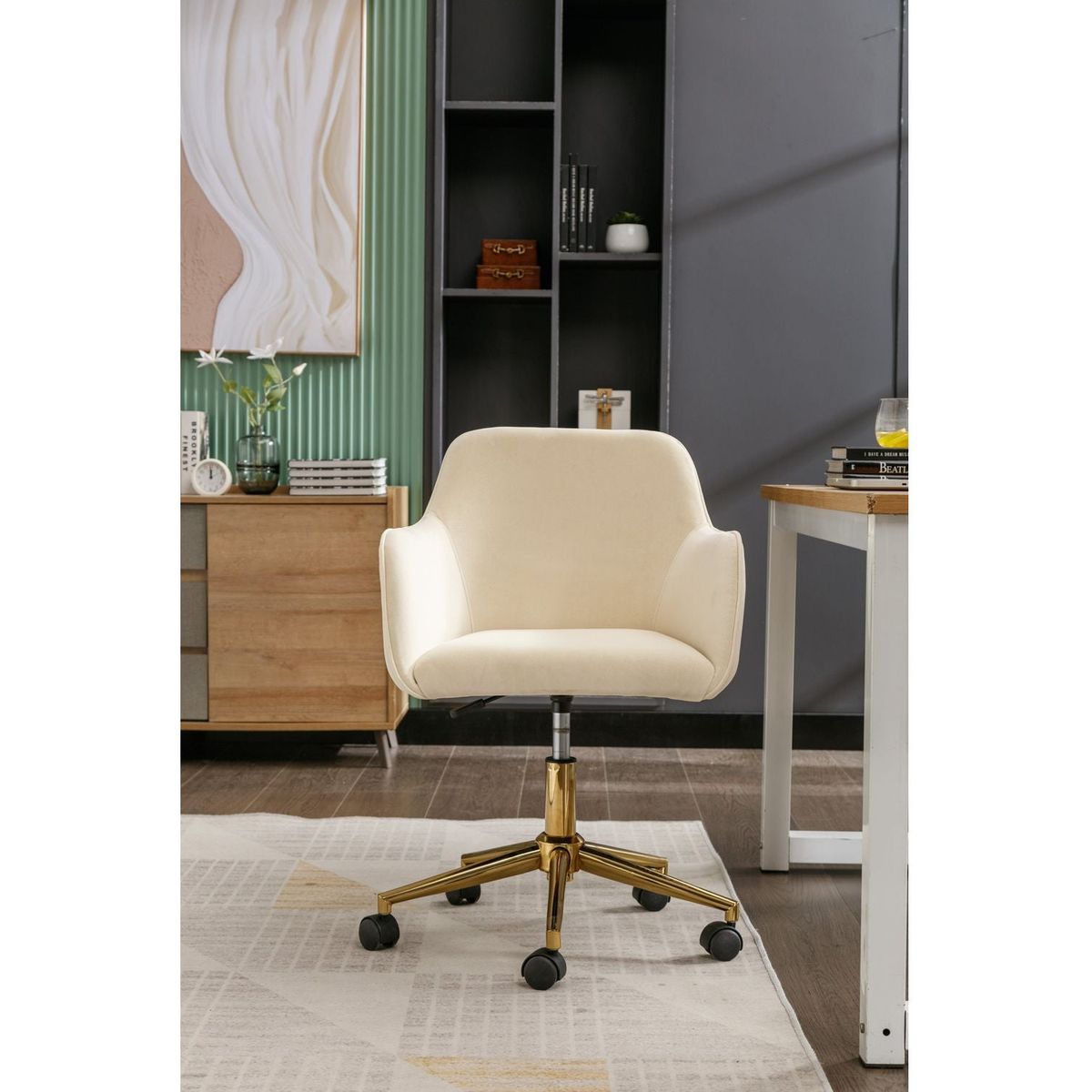 Modern Velvet Fabric Material Adjustable Height 360 revolving Home Office Chair with Gold Metal Legs and Universal Wheels for Indoor,Beige