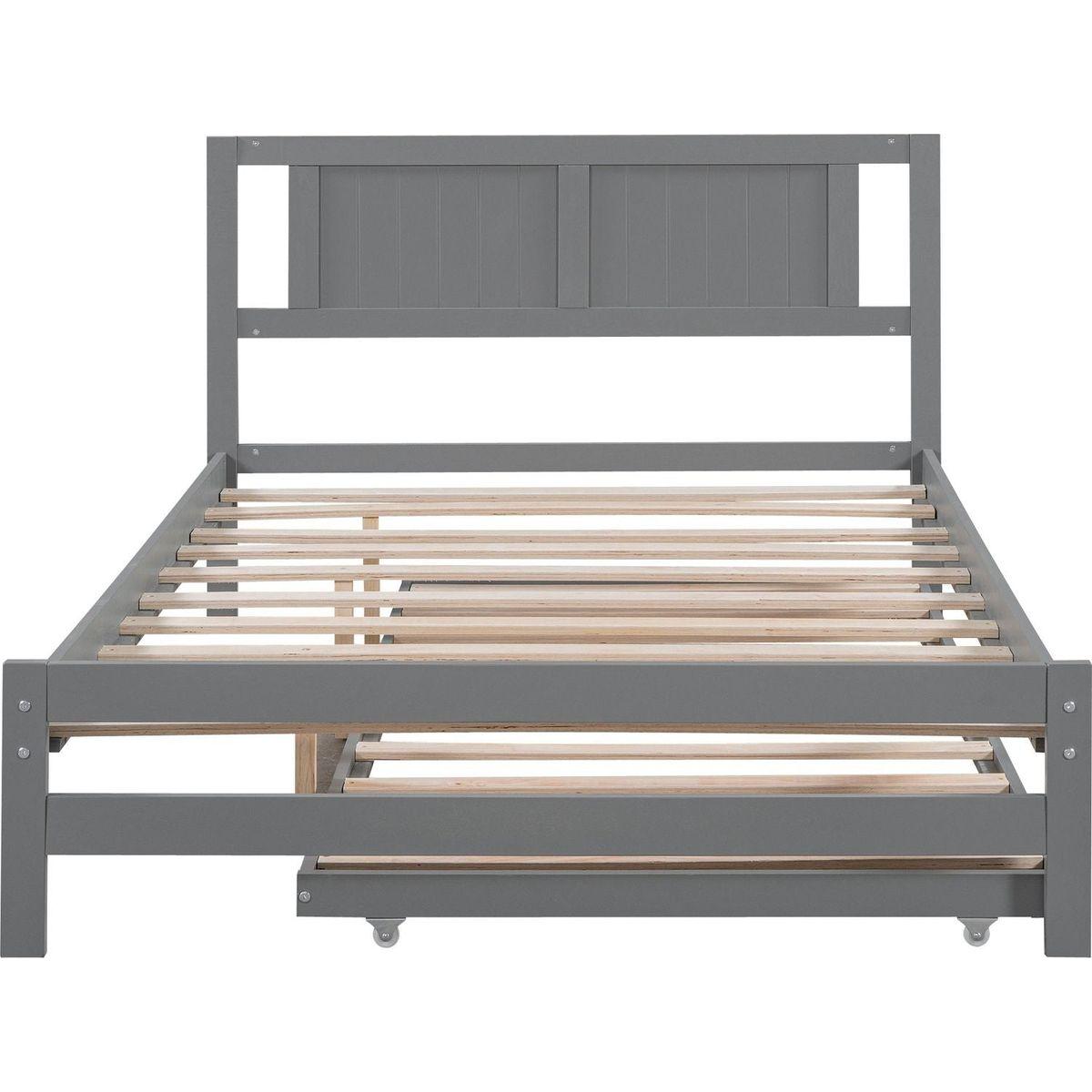 Full Size Platform Bed with Adjustable Trundle, Gray