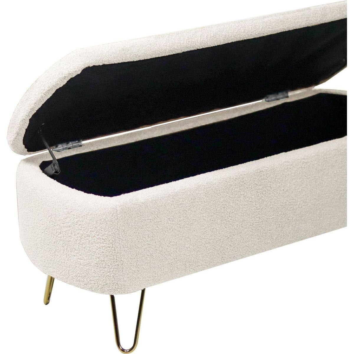 Ivory White Storage Ottoman Bench for End of Bed Gold Legs, Modern Ivory White Faux Fur Entryway Bench Upholstered Padded with Storage for Living Room Bedroom