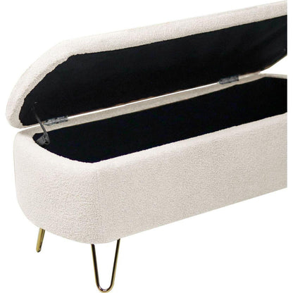 Ivory White Storage Ottoman Bench for End of Bed Gold Legs, Modern Ivory White Faux Fur Entryway Bench Upholstered Padded with Storage for Living Room Bedroom