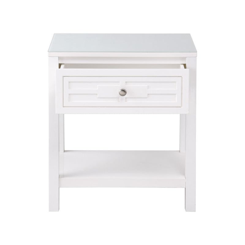 Dylan White Wooden End Side Table Nightstand with Glass Top and Drawer