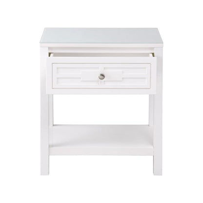 Dylan White Wooden End Side Table Nightstand with Glass Top and Drawer