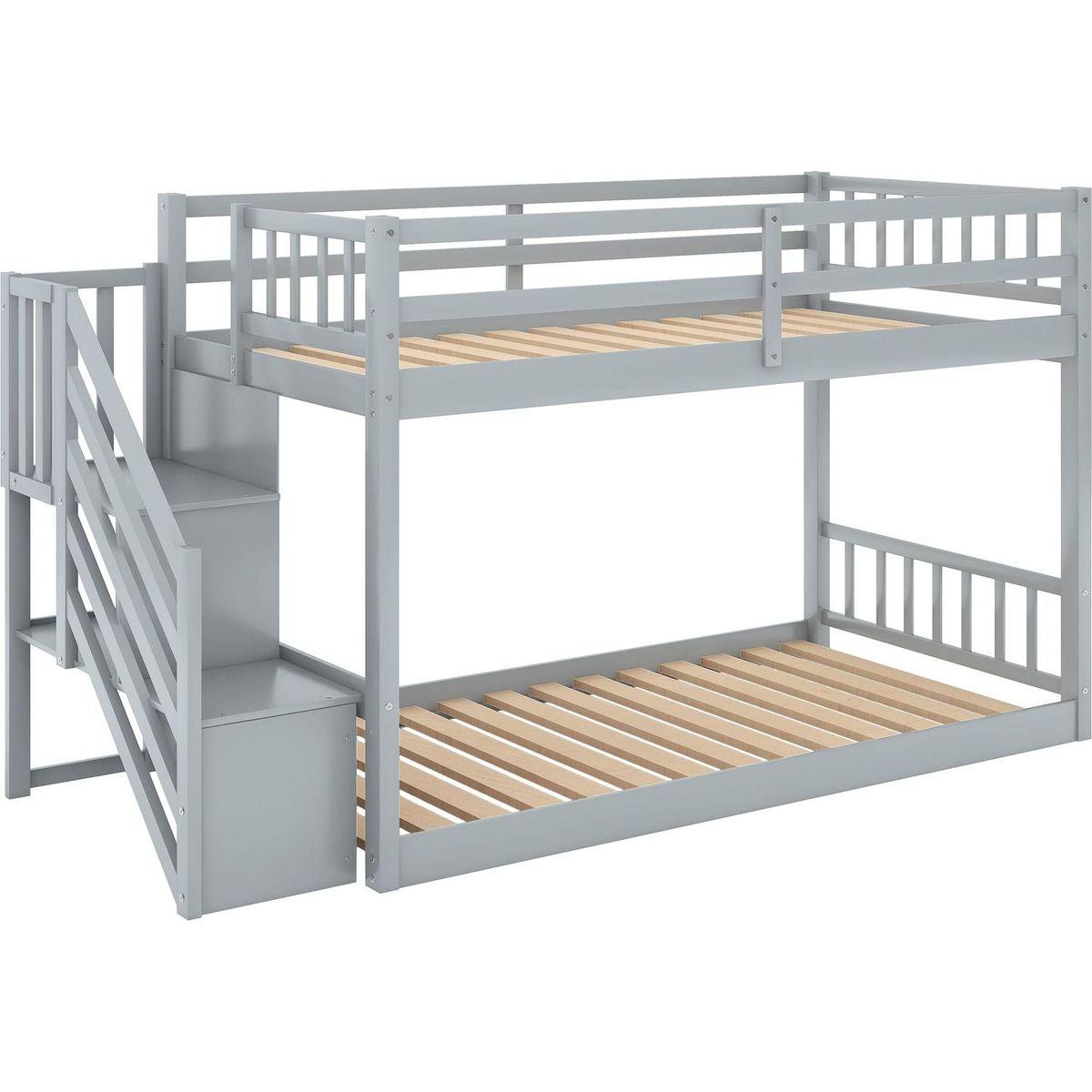 Twin over Twin Floor Bunk Bed, Ladder with Storage, Gray - Streamdale Furniture