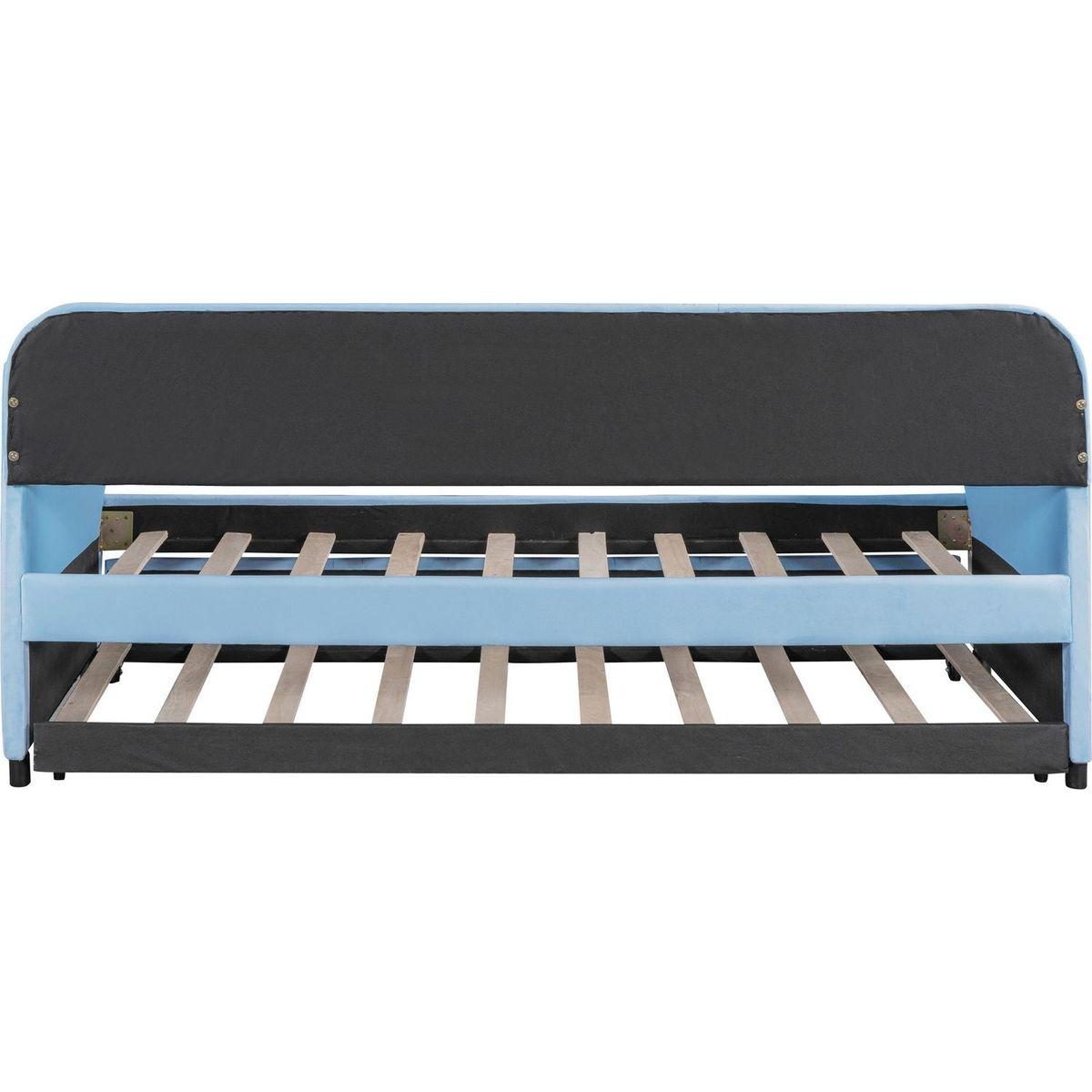 Upholstered Daybed Sofa Bed Twin Size With Trundle Bed and Wood Slat, Light Blue