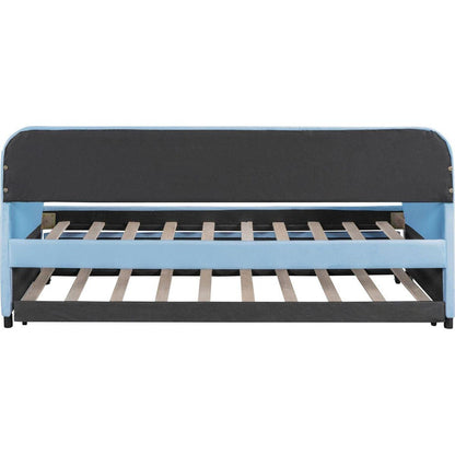 Upholstered Daybed Sofa Bed Twin Size With Trundle Bed and Wood Slat, Light Blue