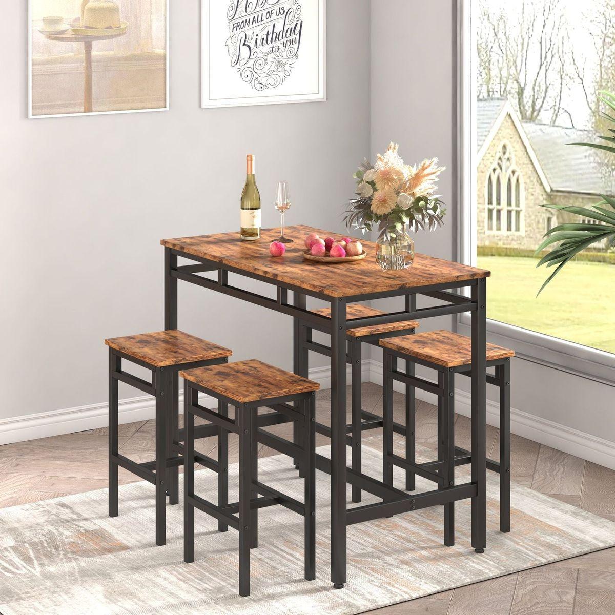 Bar table set 5PC Dinging table set with high stools, structural strengthening, industrial style. Rustic Brown, 43.31" L x 23.62" W x 35.43" H.