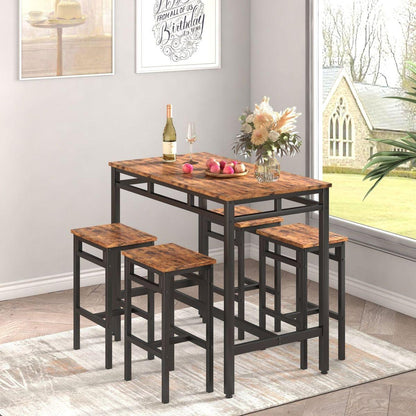 Bar table set 5PC Dinging table set with high stools, structural strengthening, industrial style. Rustic Brown, 43.31" L x 23.62" W x 35.43" H.