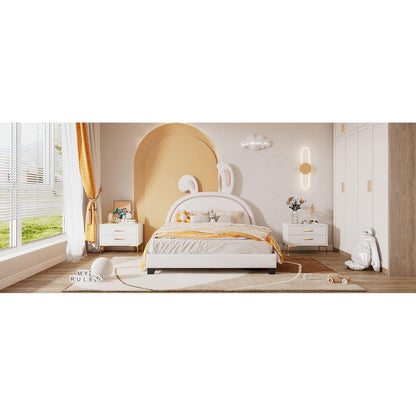 Full Size Upholstered Leather Platform Bed with Rabbit Ornament, White